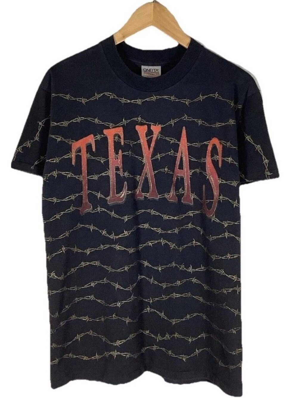 VTG 1990s Texas AOP Barbed Wire Western USA Black T Shirt United States Medium